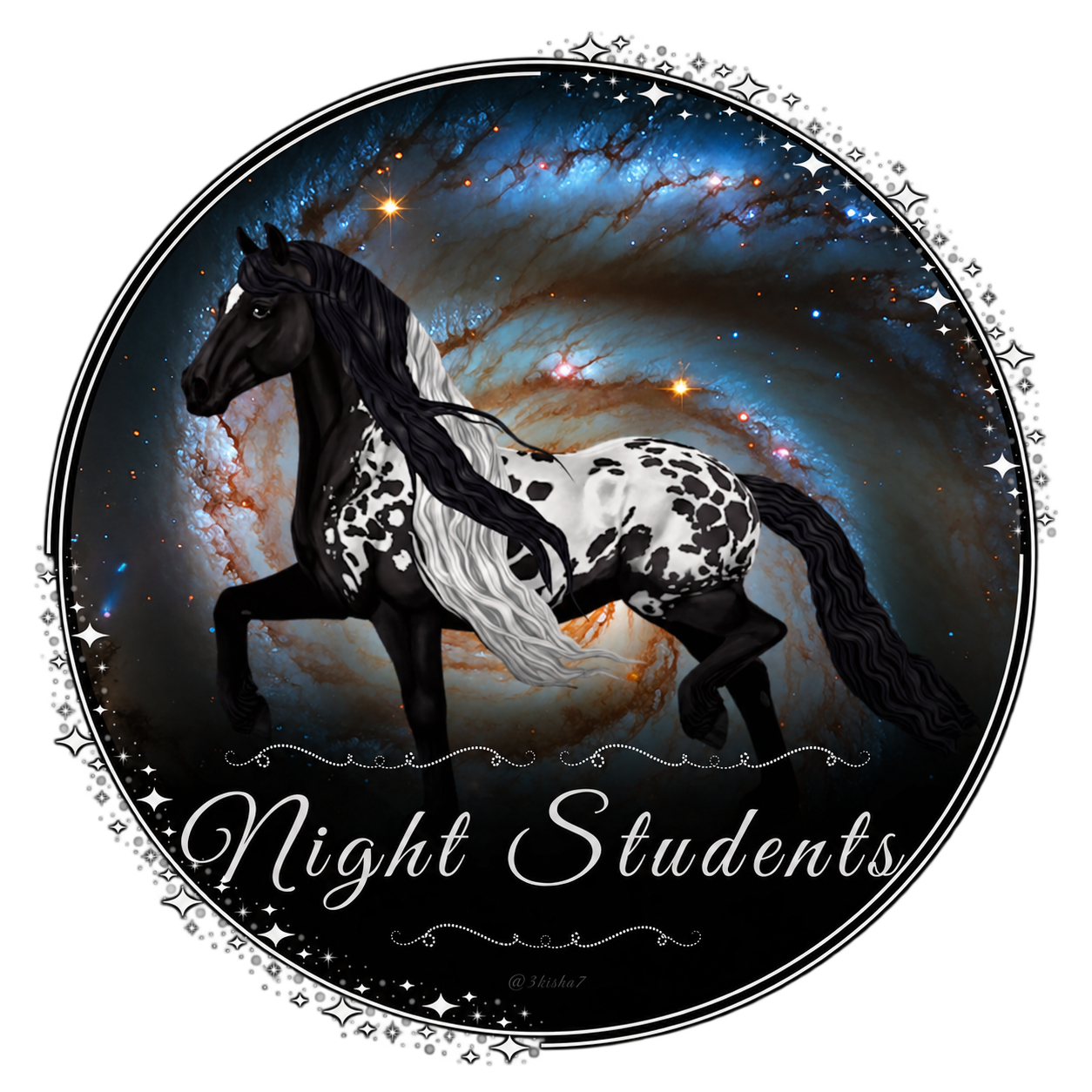 Night Students: schwarz-weißes Pferd vor einer blauen Galaxie